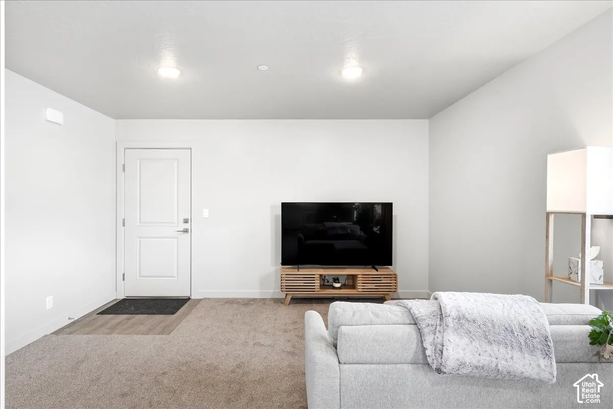 Carpeted flooring, wood-finish flooring at entry, white paneled door, and recessed lighting