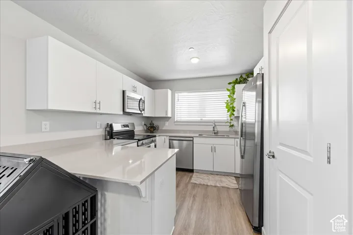 Modern kitchen featuring white cabinetry, light-toned countertops, stainless steel appliances, wood-finish flooring, and recessed lighting