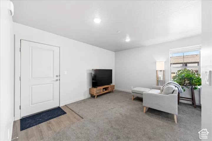 Recessed lighting illuminates the living space with grey carpeting and a two-panel entry door