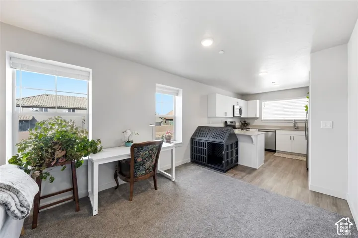 Kitchen with white cabinetry, stainless steel appliances, and wood-finish flooring