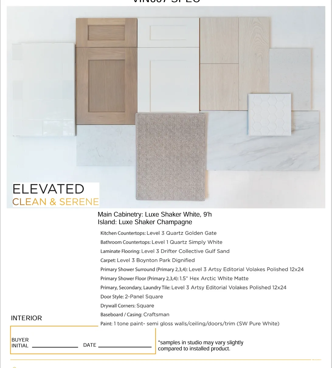 Interior Specification Sheet. Detailing material and finish selections for the property