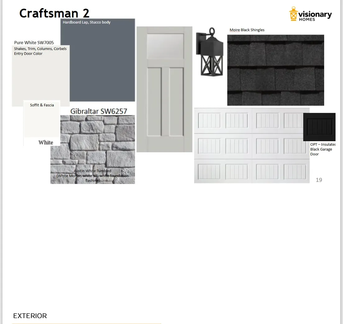 Exterior Design Specifications. Displaying material and color selections for the property's exterior elements