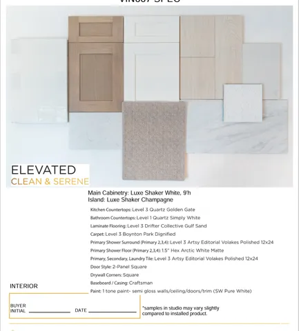 Interior Specification Sheet. Detailing material and finish selections for the property