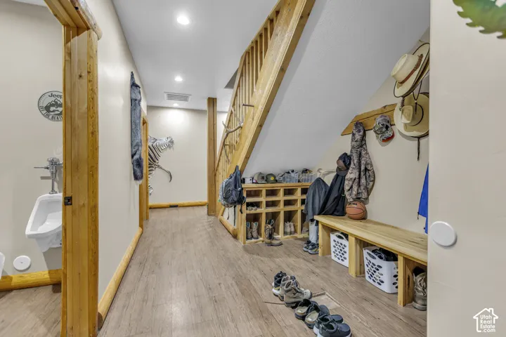 Wood-finish flooring with recessed lighting