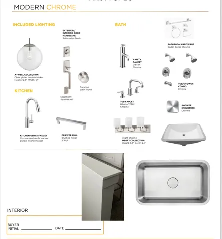Specifications Sheet. Detailing interior and exterior selections including lighting, hardware, and plumbing fixtures for the property