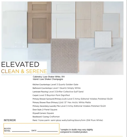 Interior Design Specification Sheet, Material Selections. Listing finishes and materials for the property's interior, including cabinetry, countertops, flooring, and paint with a buyer initial and date field