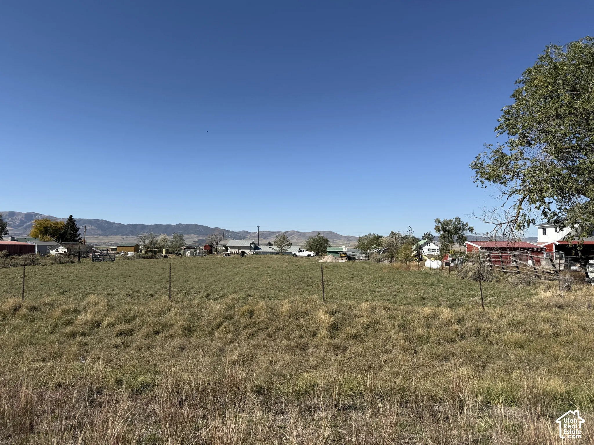 Expansive grassy field with distant mountain range