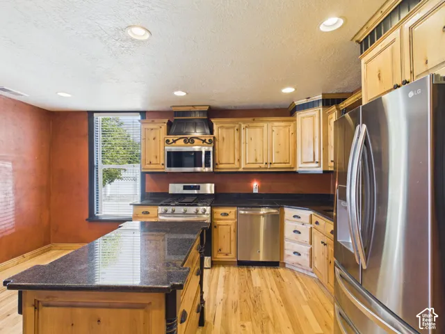 Kitchen featuring wood cabinetry, stainless steel appliances, dark stone countertops, and wood-finish flooring
