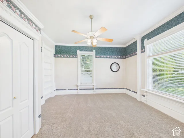 Carpeted room with crown molding, double windows, ceiling fan, and built-in shelving