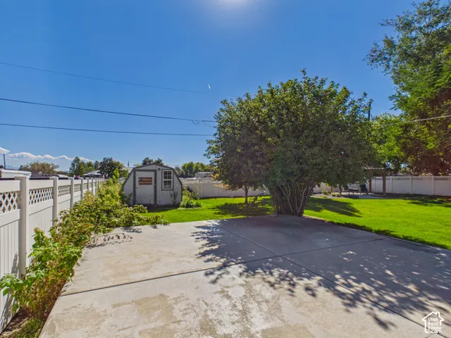 Expansive concrete patio leading to a generous lawn area, featuring a mature tree and a white lattice fence