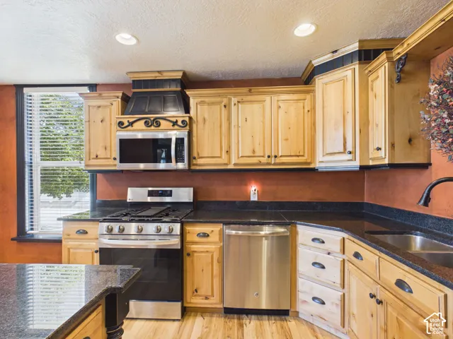 Kitchen featuring wood cabinetry, stainless steel appliances, dark countertops, and a stainless steel sink with a gooseneck faucet