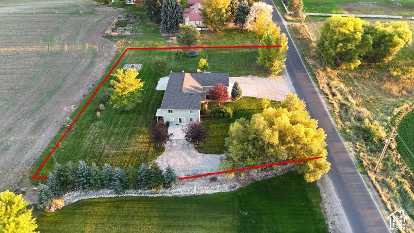 Expansive green lawn bordering agricultural fields