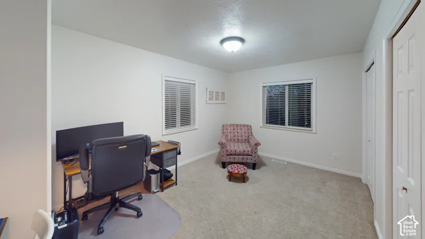 Light-colored carpeting, two windows with blinds, flush-mount ceiling light fixture, and white bi-fold closet doors