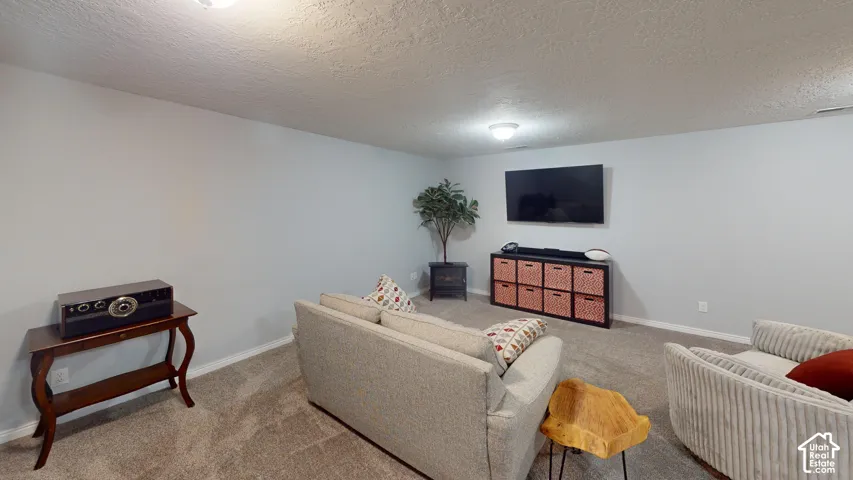 Carpeted flooring, recessed lighting, and light-toned walls