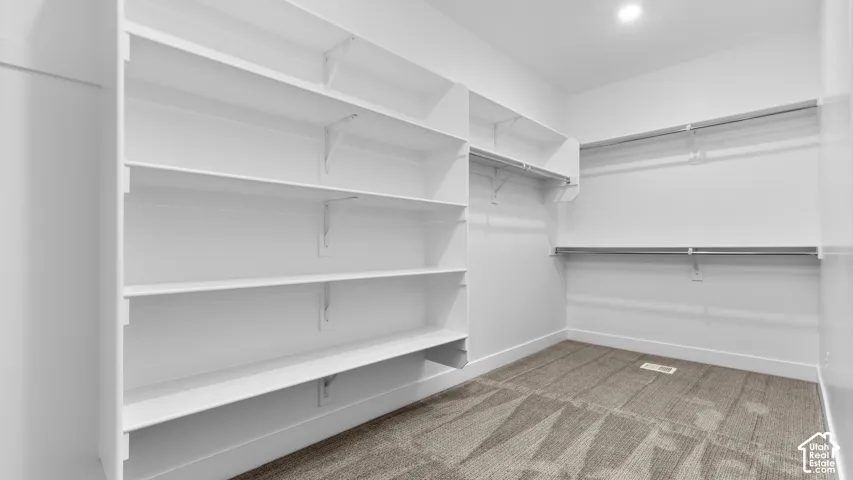 Spacious closet featuring extensive built-in shelving, dual hanging rods, and carpet flooring