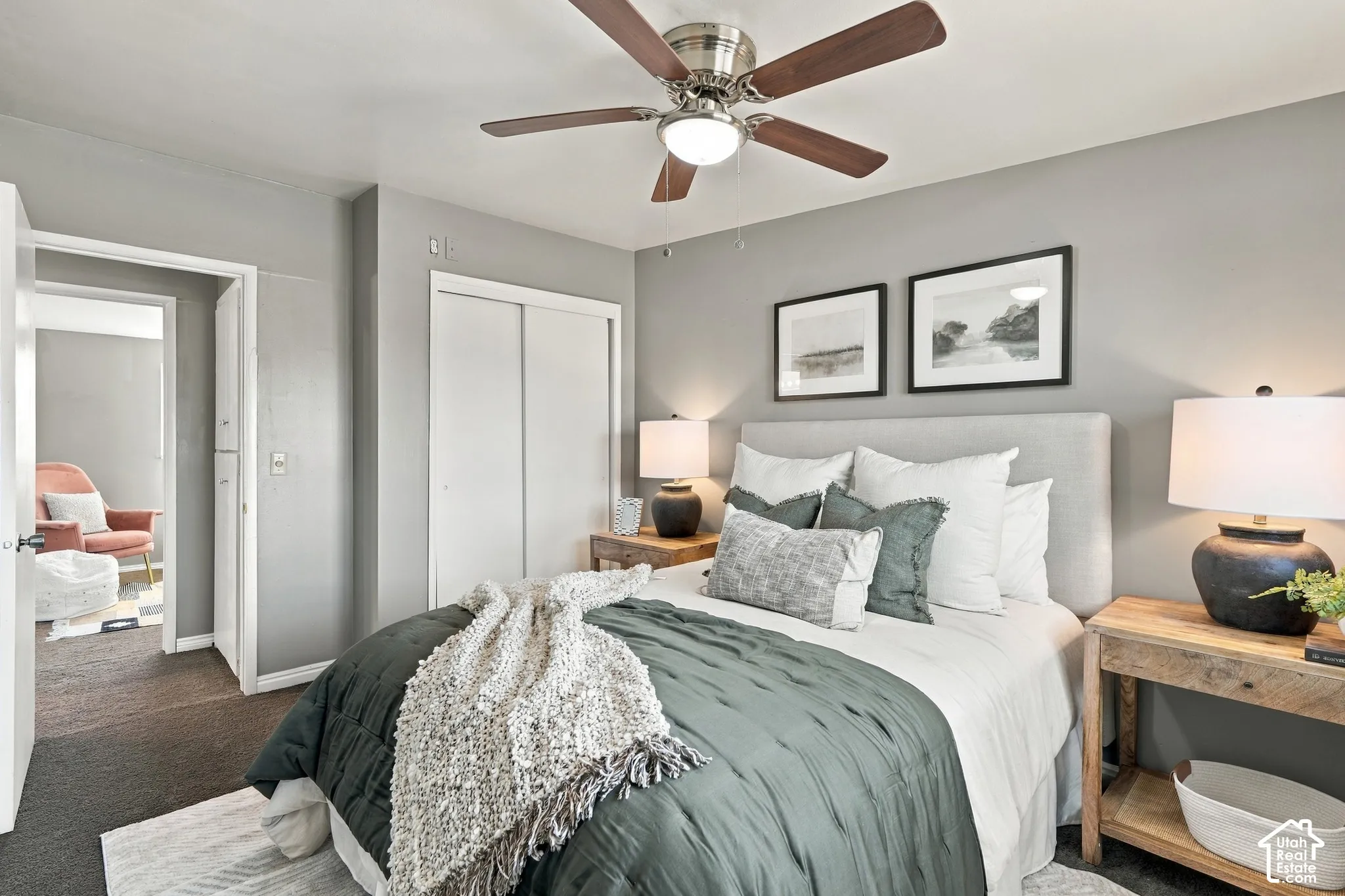 Recessed lighting with a ceiling fan, light-toned walls, and sliding closet doors