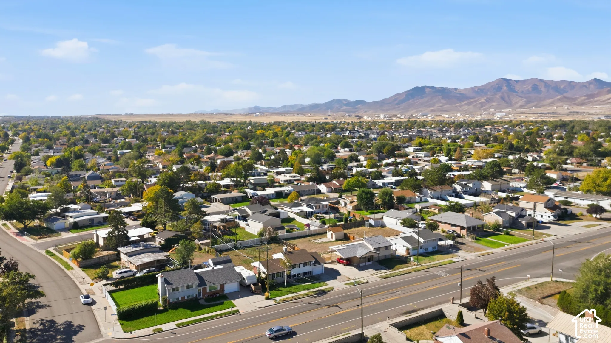 Expansive neighborhood with mature trees and mountain backdrop
