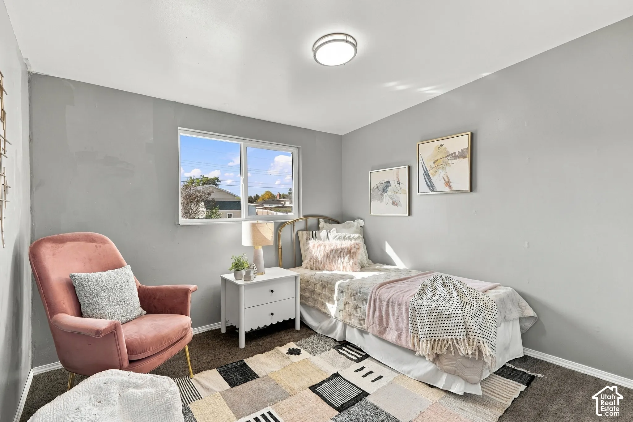 Recessed lighting, double-pane window, and carpeted flooring