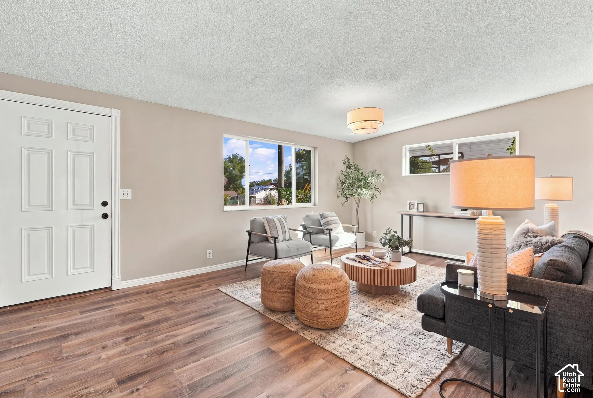 Wood-finish flooring, white paneled door, multiple windows, and a flush mount ceiling light fixture
