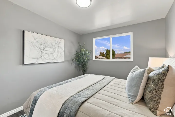 Recessed ceiling light, neutral wall paint, white window frame, and carpeted flooring