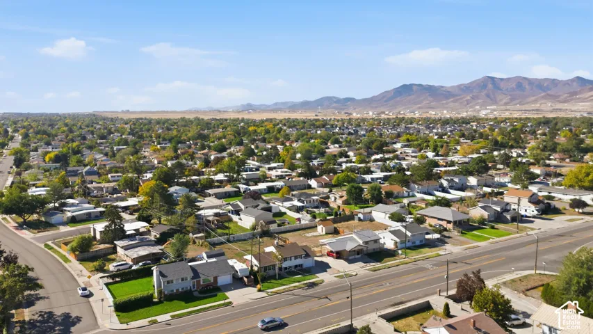 Expansive neighborhood with mature trees and mountain backdrop