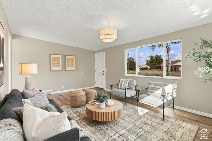 Recessed ceiling with an attached light fixture, wood-finish flooring, a large window, and a white entry door