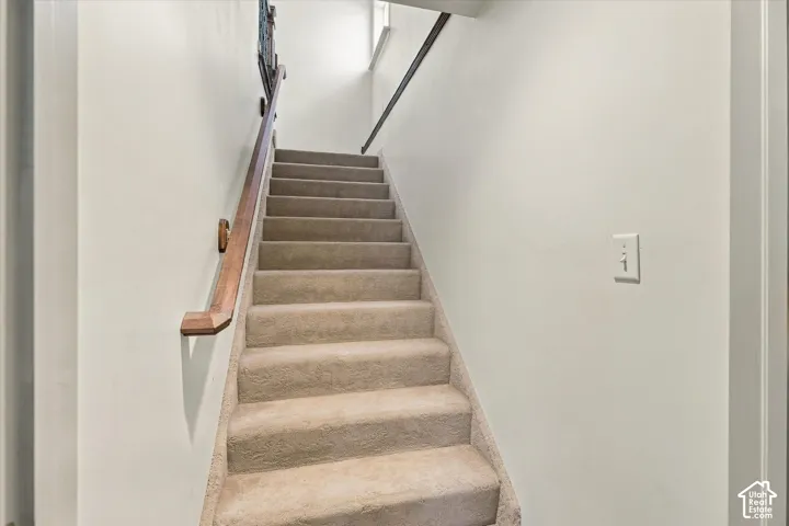 Carpeted staircase with a wood handrail and light-toned walls