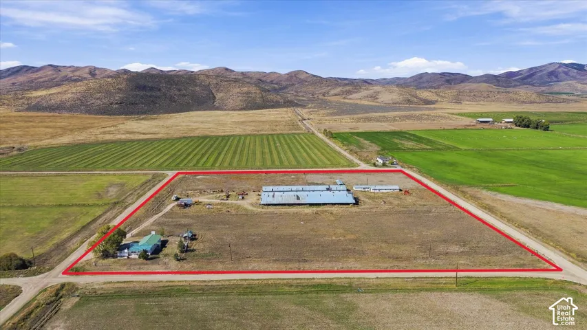 Expansive land parcel with a single-story dwelling, multiple outbuildings, and direct road frontage