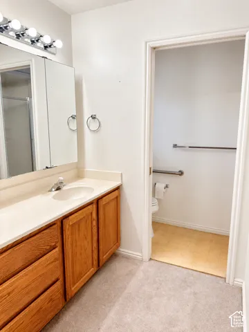 Bathroom vanity with a single basin sink, light-colored countertop, and natural wood-finish cabinetry