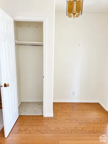 Hardwood flooring throughout, closet with hanging rod and shelf, baseboard trim, and overhead light fixture
