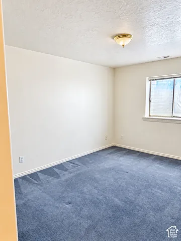 Blue carpeting and a single window with blinds