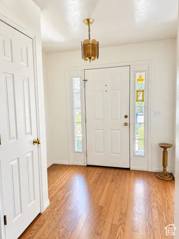 Entryway featuring wood-finish flooring, a paneled front door with sidelight windows, and a decorative pendant light fixture