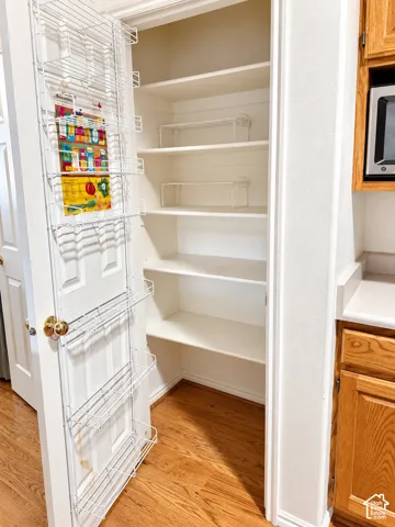 Pantry with multiple shelves, wood-finish flooring, and a white paneled door