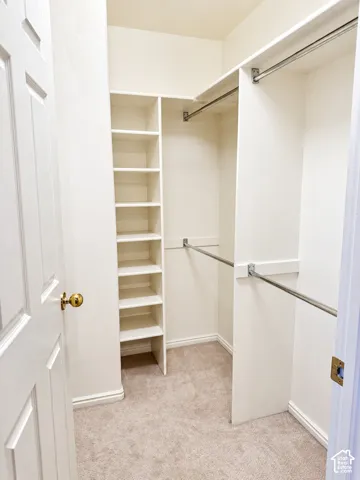 Walk-in closet featuring built-in shelving, dual hanging rods, and neutral-toned carpeting