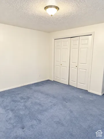 White walls with blue carpet flooring