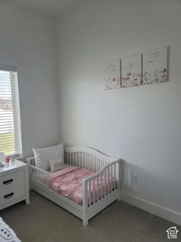 Carpeted flooring, window with blinds, electrical outlet, and white walls
