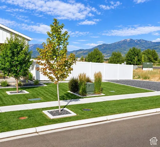 Manicured lawn with mature trees, white privacy fencing, and mountain scenery
