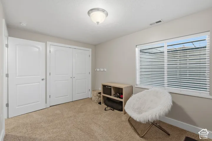 Carpeted room featuring a ceiling-mounted light fixture, white interior doors, and a window with horizontal blinds