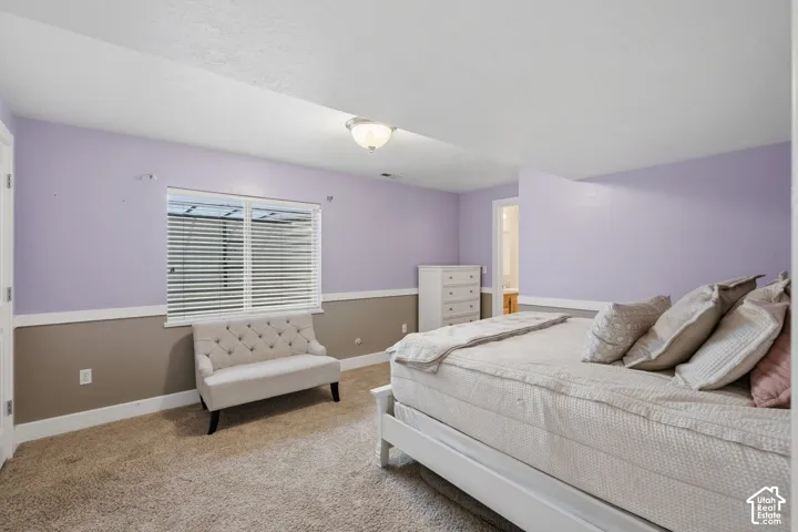 Wall-to-wall carpeting, two-tone wall treatment, and a window with blinds