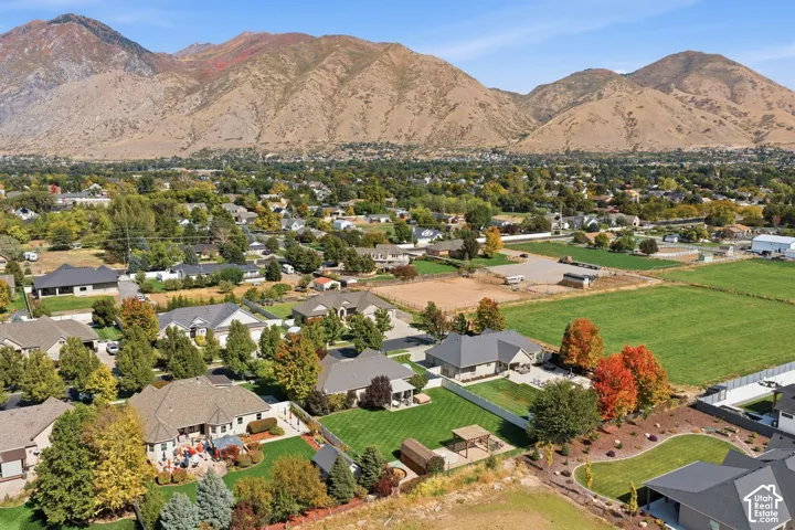 Expansive community with varied architectural styles, mature landscaping, and mountain backdrop