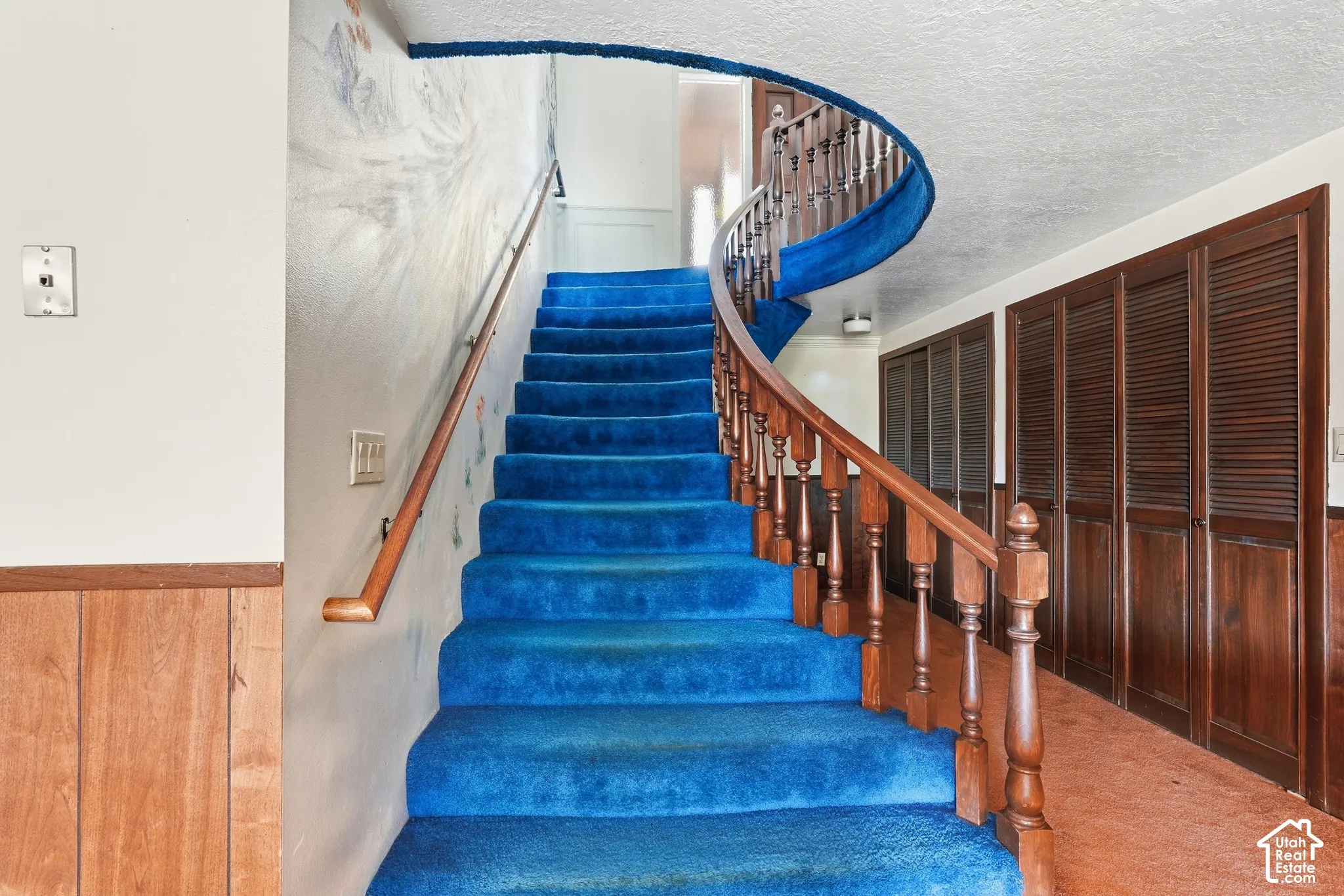 Curved staircase with wood newel posts and banister, blue carpeted treads, and adjacent louvered wood doors