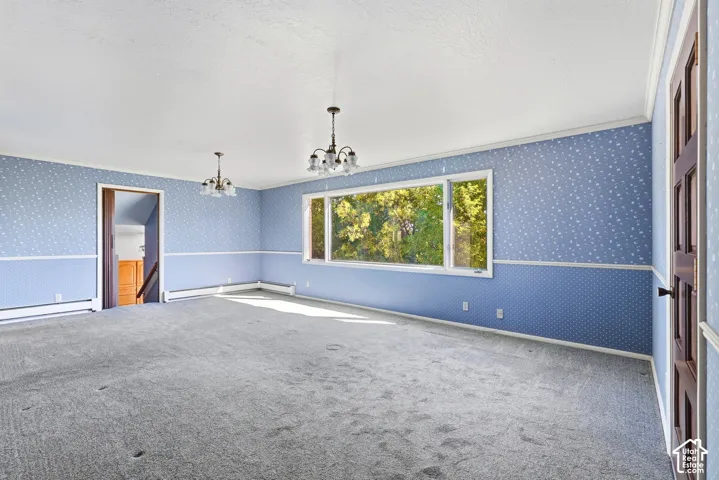 Spacious room with patterned wallpaper, wall-to-wall carpeting, and multiple windows