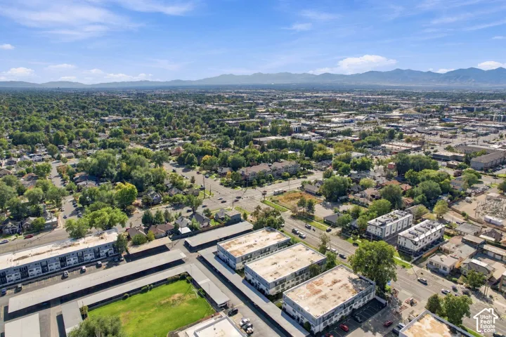 Expansive urban landscape with abundant tree canopies, multiple commercial structures, and distant mountains