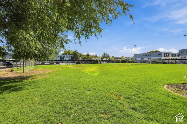 Expansive green space featuring a large lawn area and mature trees
