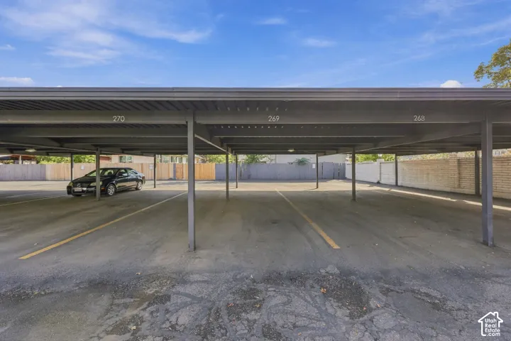 Covered parking structure with individual numbered spaces