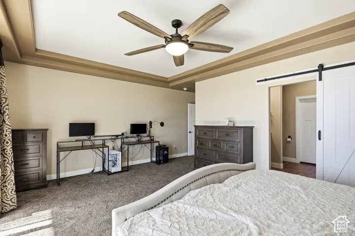 Tray ceiling with recessed lighting, ceiling fan with wood-finish blades, and carpet flooring
