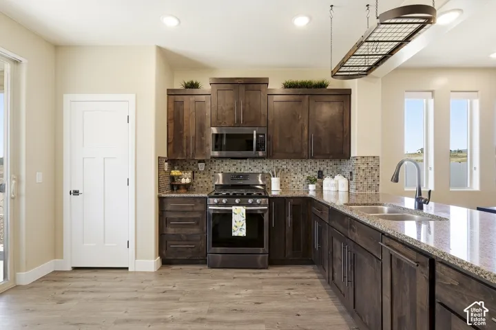 Kitchen featuring wood-finish flooring, dark wood cabinetry, stainless steel appliances, speckled countertops, and a mosaic tile backsplash