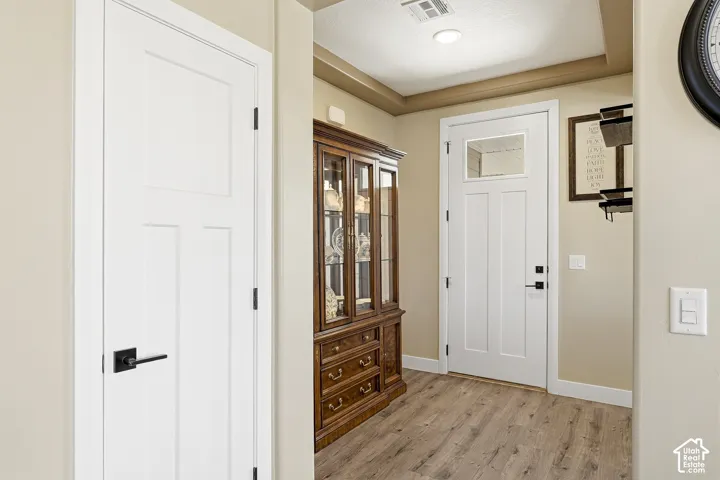 White paneled doors with matte black hardware, wood-finish flooring, and recessed lighting