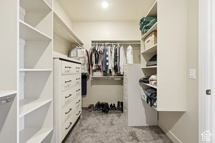 Built-in shelving, hanging rods, and recessed lighting