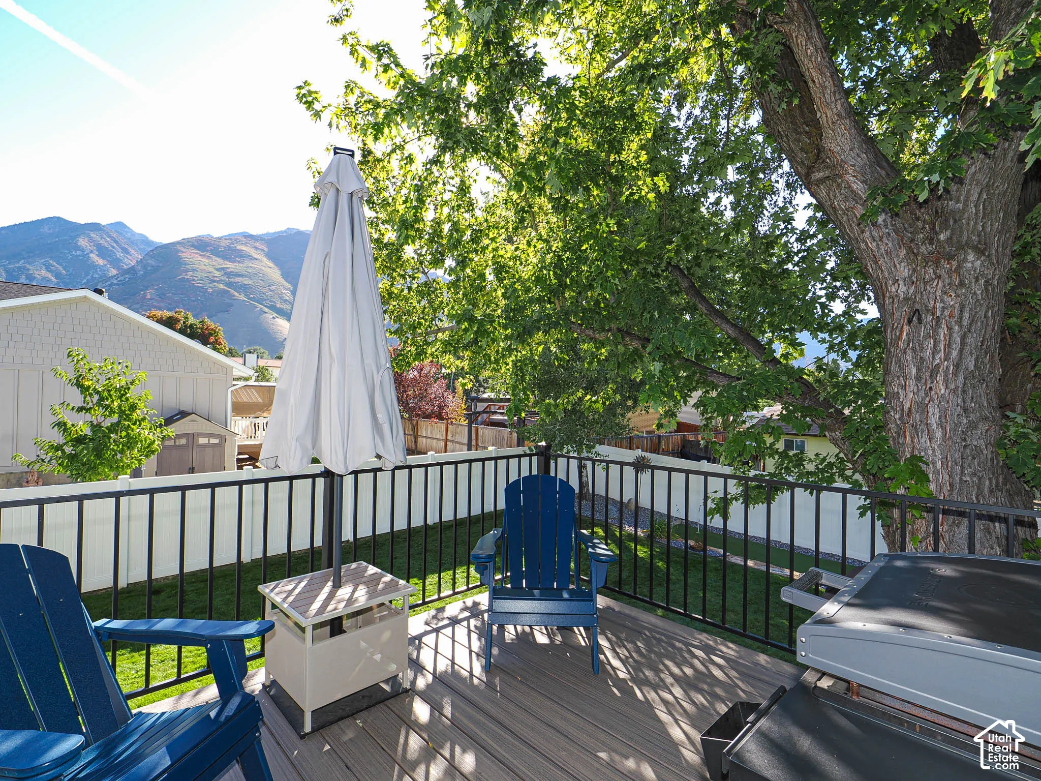 Elevated deck with composite planking, black metal railing, and mature tree providing natural shade
